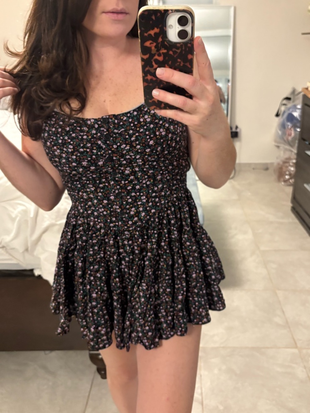 Aerie Black Floral Smocked Romper